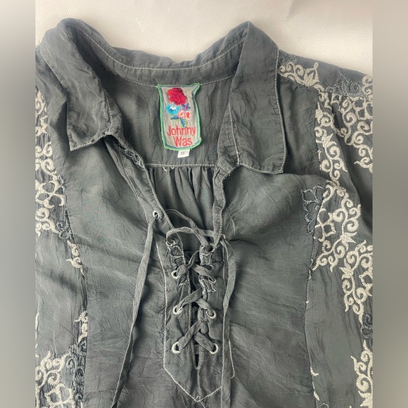 Johnny Was Bohemian Cupra Rayon Gray embroidered Long Sleeve dress Size S - Picture 4 of 12